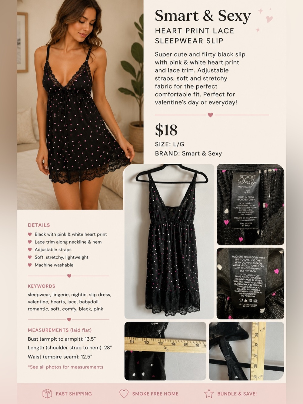 smart & sexy Black Slip Dress with Pink & White Heart Dots